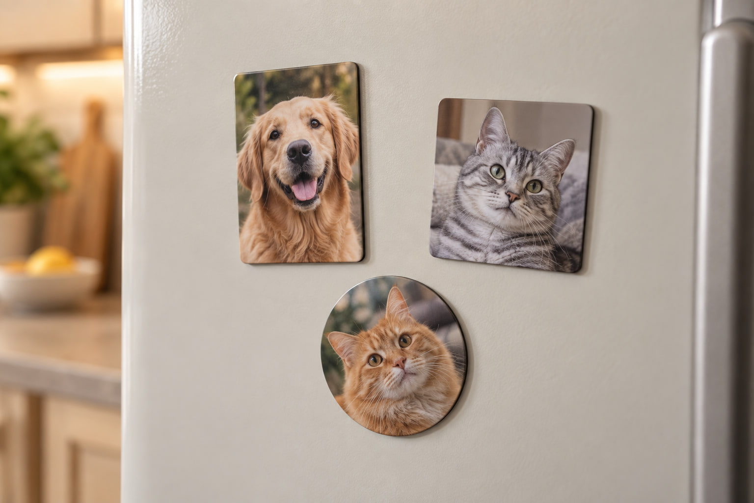 AI concept of dog and cat photo magnets displayed on a refrigerator