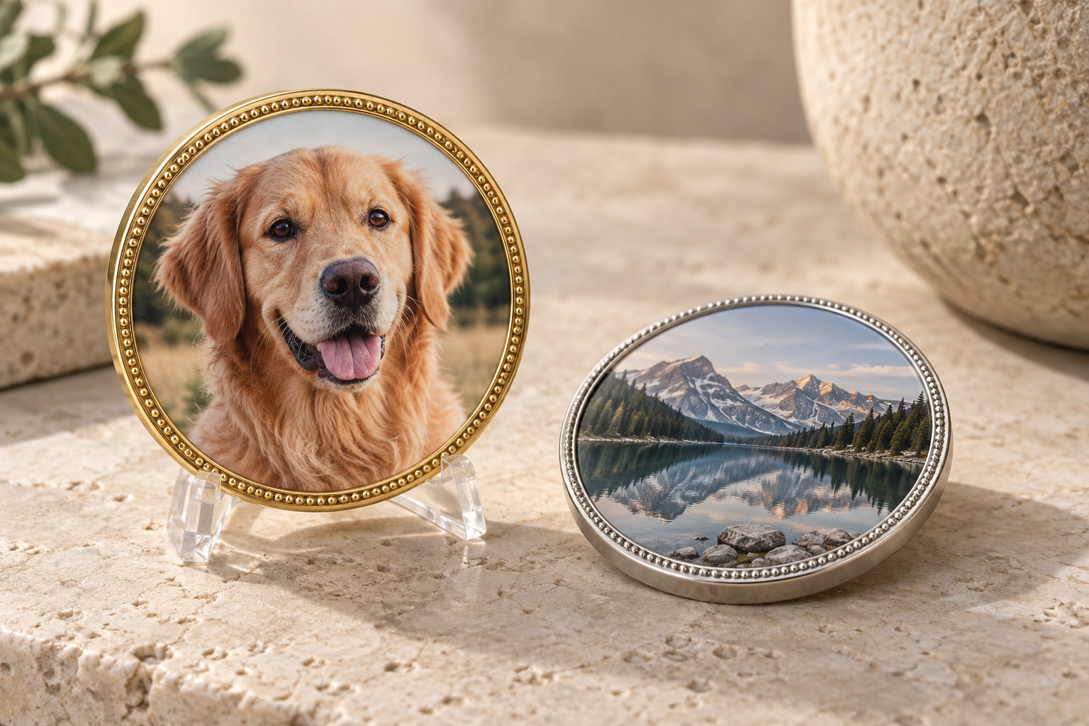 AI concept of personalized medallions with a dog portrait and mountain photograph
