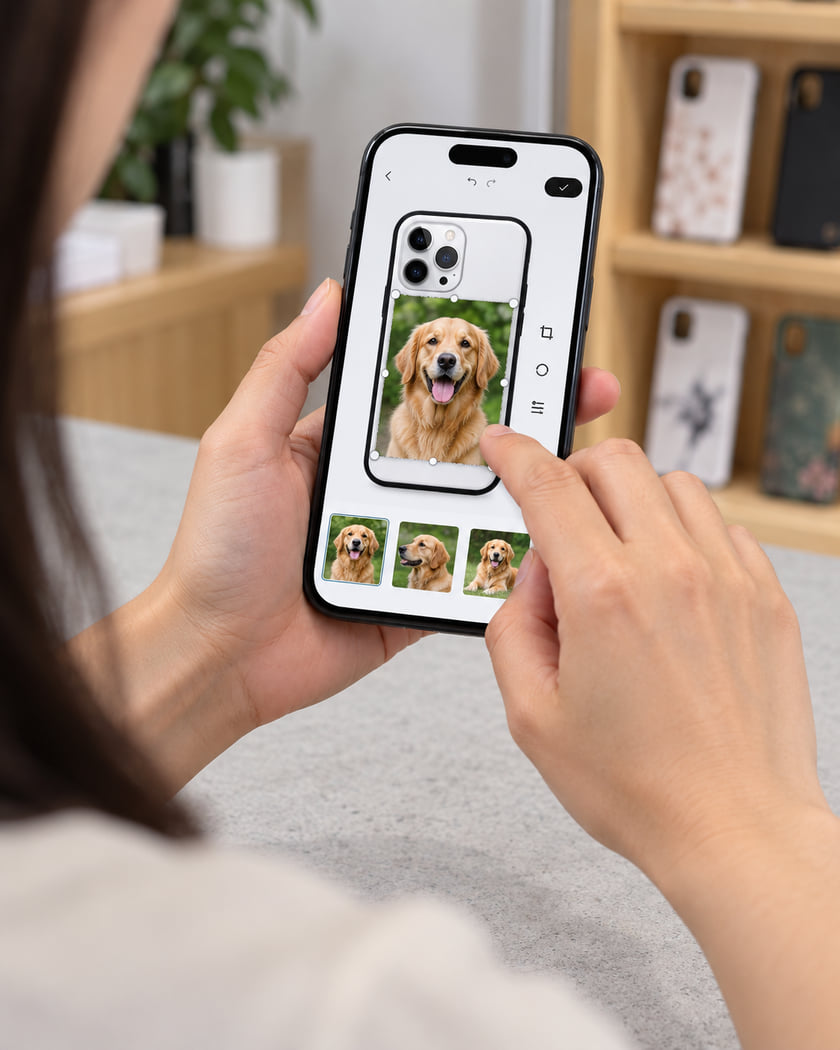 Illustration of a customer adjusting a golden retriever photo in a phone case design editor.