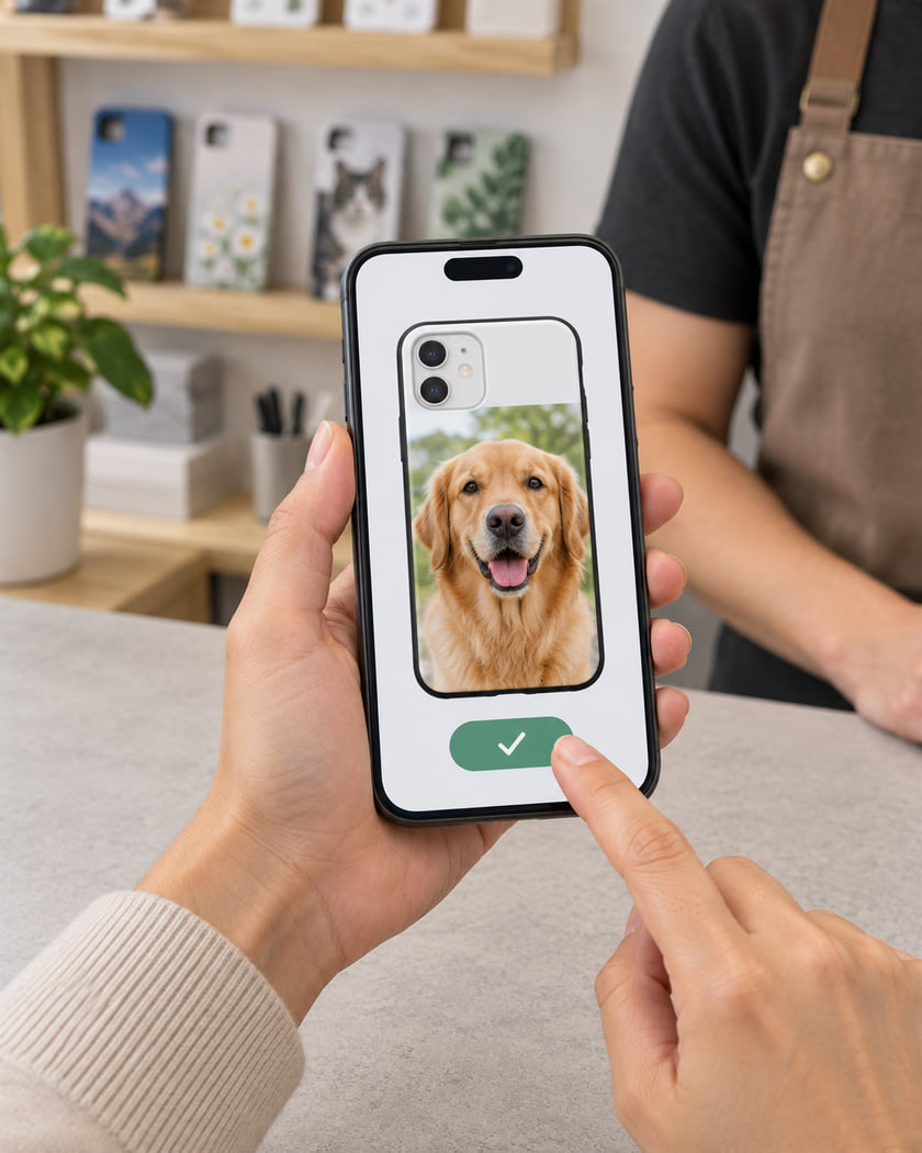 Illustration of a customer reviewing and confirming a pet photo phone case preview.