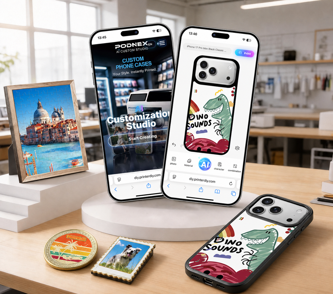 PODNEX customer customization interface shown with personalized phone cases, souvenir products and photo gifts
