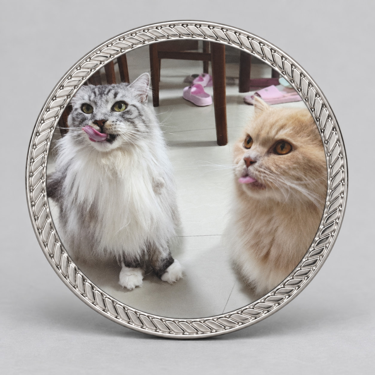 AI-completed product visualization of the two cats printed on a fully visible round keepsake with a silver patterned rim
