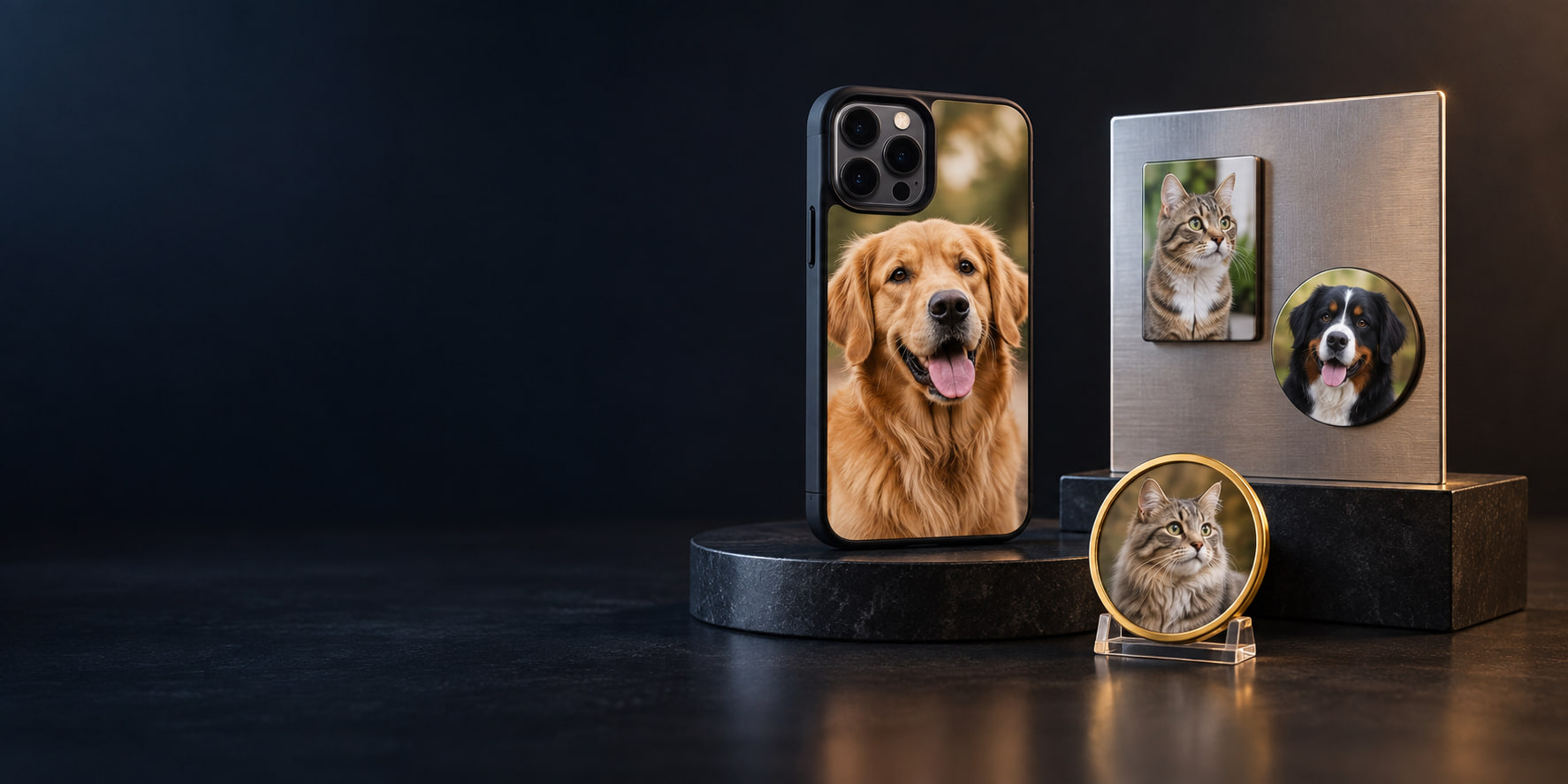 AI concept of a pet photo phone case, cat and dog fridge magnets, and a gold-rimmed cat keepsake displayed on dark studio plinths